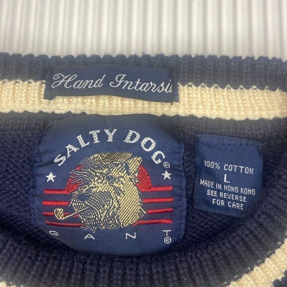 Vintage Salty Dog Mens Golf Sweater Size Large Argyle Hand Knit Navy Gant Preppy - Picture 7 of 8
